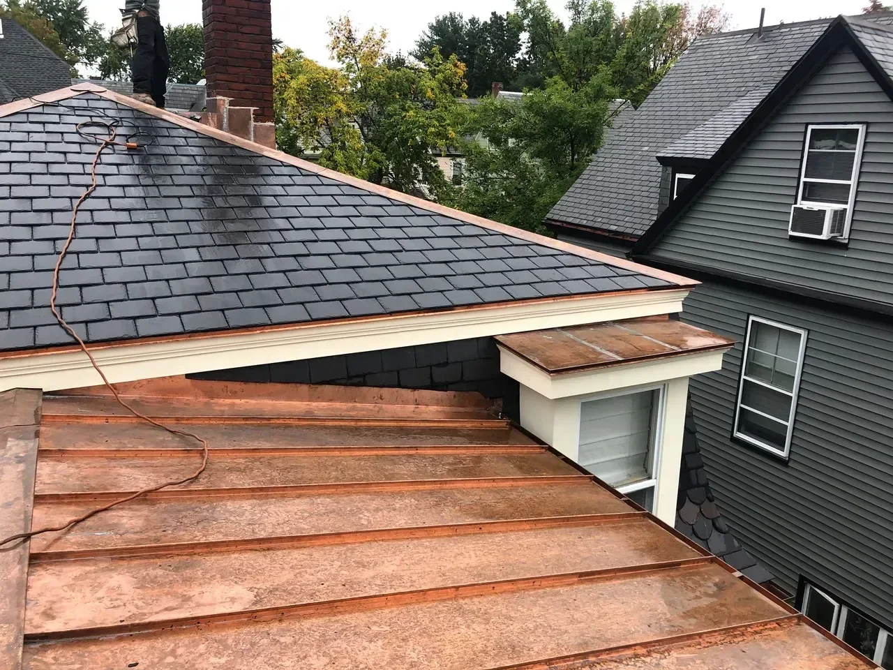 Mansard Victorian in Davis Square with new slate and copper rim